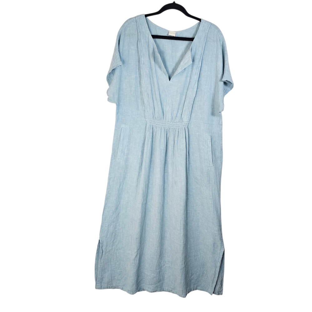 POETRY‎  Midi Linen Dress Sz 14 Powder Blue Shawl-Collar Lagenlook Pocket Art
